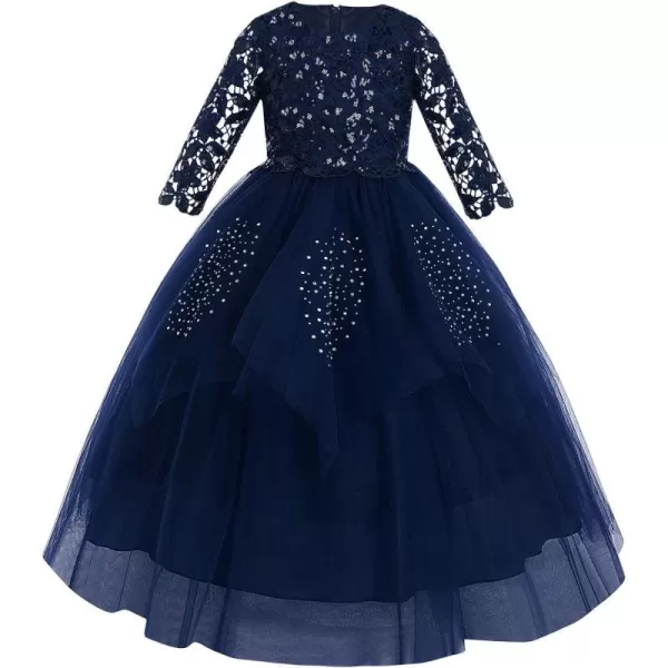 Sequins Flower Girls Lace Dress for Kids Wedding Bridesmaid Pageant Party Maxi Gown Irregular Puffy Tulle Dresses 314YNavy Blue