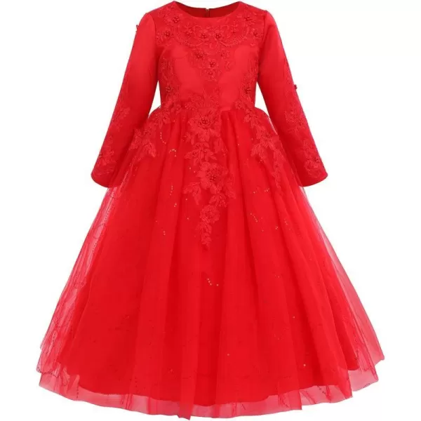 Sequins Flower Girls Lace Dress for Kids Wedding Bridesmaid Pageant Party Maxi Gown Irregular Puffy Tulle Dresses 314YRed  Long Sleeve