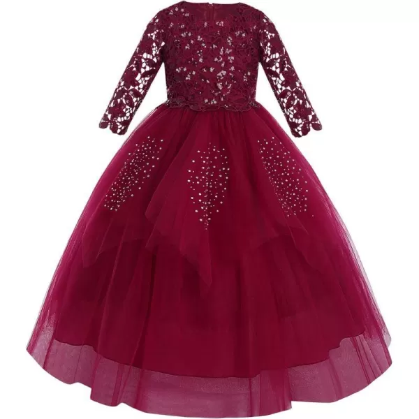 Sequins Flower Girls Lace Dress for Kids Wedding Bridesmaid Pageant Party Maxi Gown Irregular Puffy Tulle Dresses 314YWine Red