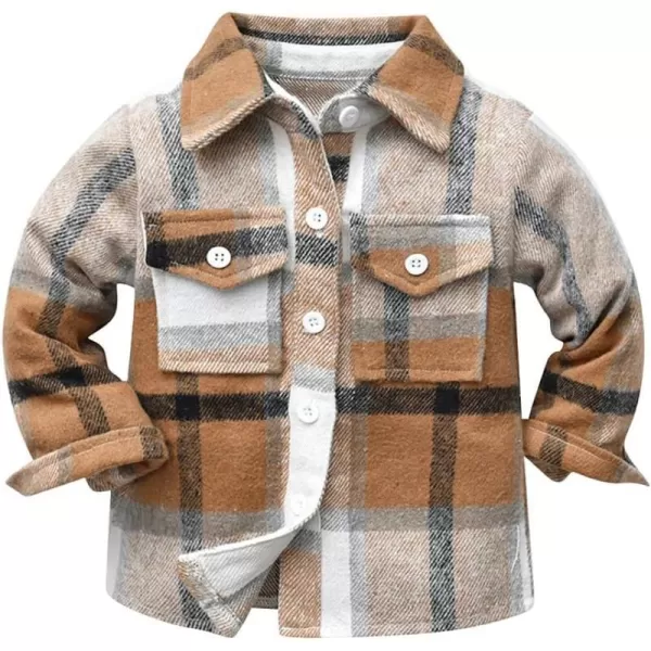 Toddler Baby Boys Plaid Flannel Shirt Long Sleeve Button Down Shirts FurLined Jacket Shirt Winter Fall Tops ClothesCoffee