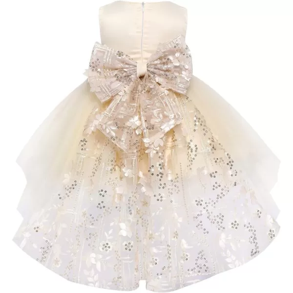 Toddler Baby Flower Girls Sequins Bowknot High Low Tutu Dress Petal Lace Princess Pageant Wedding Birthday Party Formal GownApricot