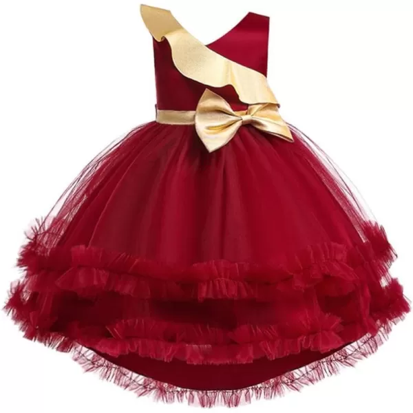 Toddler Baby Flower Girls Sequins Bowknot High Low Tutu Dress Petal Lace Princess Pageant Wedding Birthday Party Formal GownDark Red  High Low