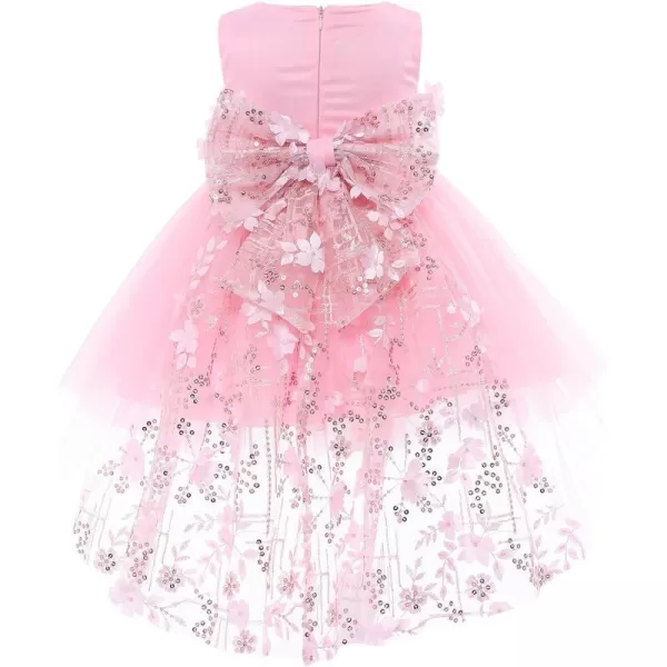 Toddler Baby Flower Girls Sequins Bowknot High Low Tutu Dress Petal Lace Princess Pageant Wedding Birthday Party Formal GownPink