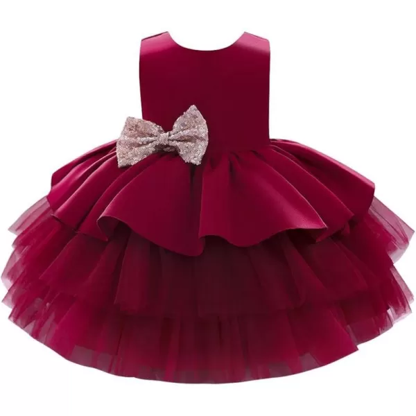 Toddler Baby Flower Girls Sequins Bowknot Tutu Dress Princess Pageant Wedding Birthday Party Backless Puffy Tulle GownWine Red