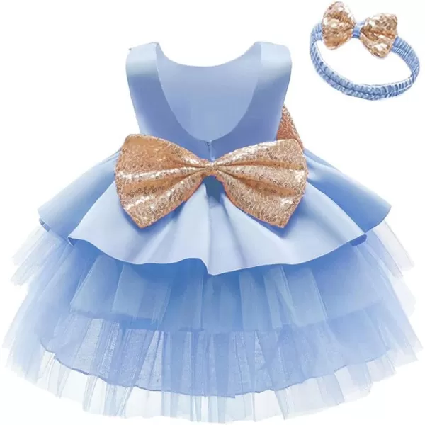 Toddler Baby Flower Girls Sequins Bowknot Tutu Dress Princess Pageant Wedding Birthday Party Backless Tulle Gown  HeadwearBlue