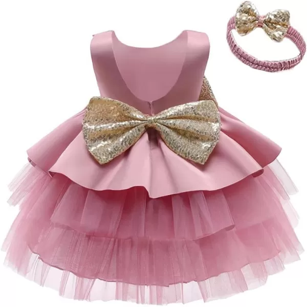 Toddler Baby Flower Girls Sequins Bowknot Tutu Dress Princess Pageant Wedding Birthday Party Backless Tulle Gown  HeadwearDusty Pink