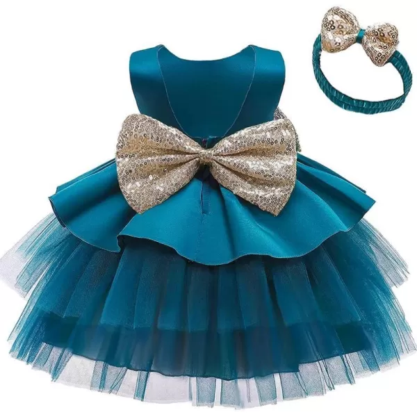 Toddler Baby Flower Girls Sequins Bowknot Tutu Dress Princess Pageant Wedding Birthday Party Backless Tulle Gown  HeadwearLake Blue