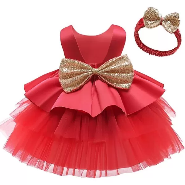 Toddler Baby Flower Girls Sequins Bowknot Tutu Dress Princess Pageant Wedding Birthday Party Backless Tulle Gown  HeadwearRed