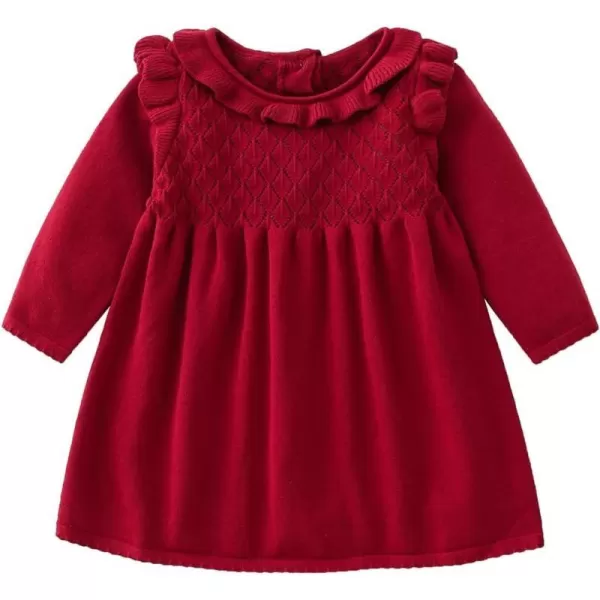 Toddler Baby Girl Knit Sweater Dress Kids Ruffle Long Sleeve Casual Birthday Christmas Party Dresses Top Winter OutfitDark Red