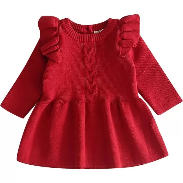 Toddler Baby Girl Knit Sweater Dress Kids Ruffle Long Sleeve Casual Birthday Christmas Party Dresses Top Winter OutfitRed Ruffle