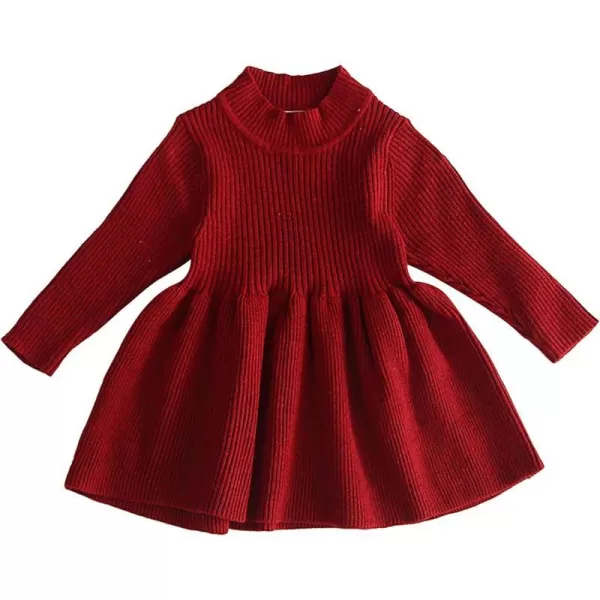 Toddler Baby Girl Knit Sweater Dress Kids Ruffle Long Sleeve Casual Birthday Christmas Party Dresses Top Winter OutfitWine Red