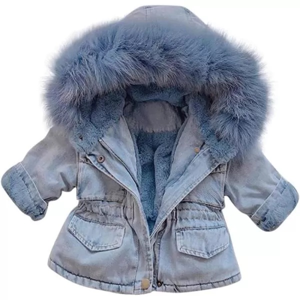 Toddler Girl Denim Fur Jacket Thicken Warm Fleece Lined Long Sleeve Hooded Jean Outwear Winter Coat for Girls Kids 17TBlue