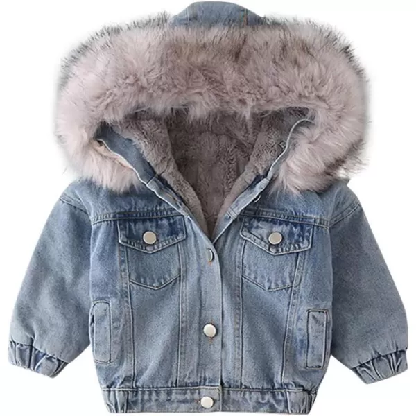 Toddler Girl Denim Fur Jacket Thicken Warm Fleece Lined Long Sleeve Hooded Jean Outwear Winter Coat for Girls Kids 17TGray