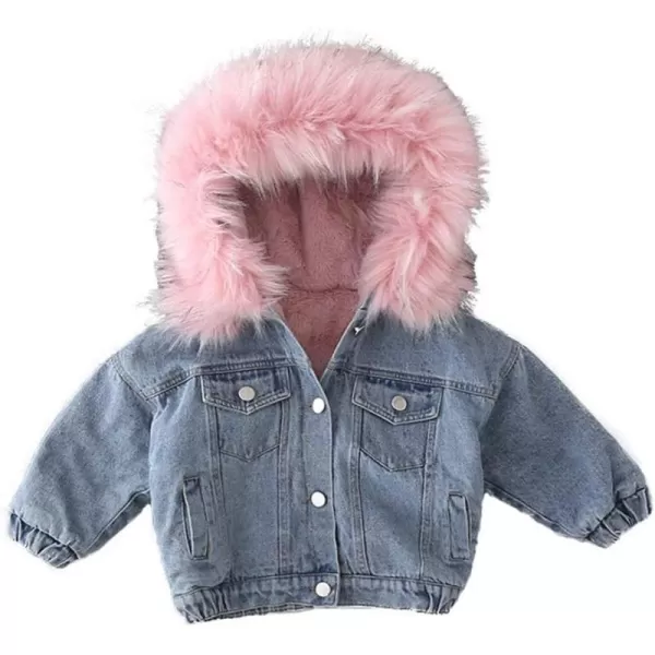 Toddler Girl Denim Fur Jacket Thicken Warm Fleece Lined Long Sleeve Hooded Jean Outwear Winter Coat for Girls Kids 17TPink 01