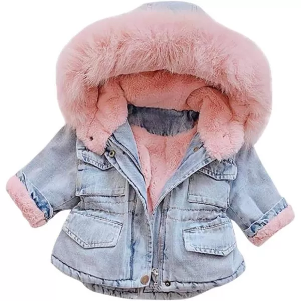 Toddler Girl Denim Fur Jacket Thicken Warm Fleece Lined Long Sleeve Hooded Jean Outwear Winter Coat for Girls Kids 17TPink 02