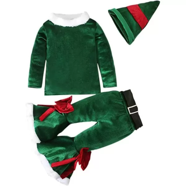 Toddler Kids Baby Girls Christmas Outfits Santa Claus Costume Velvet Long Sleeve Top Bell Bottom Pants Hat Xmas ClothesGreen  Hat