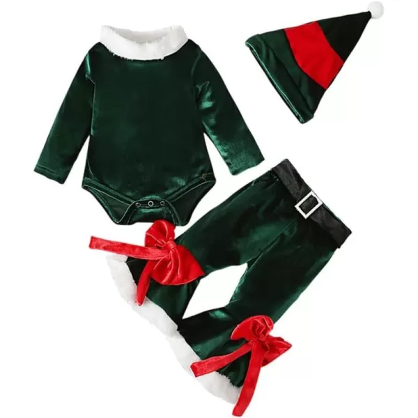 Toddler Kids Baby Girls Christmas Outfits Santa Claus Costume Velvet Long Sleeve Top Bell Bottom Pants Hat Xmas ClothesGreen  Hat Romper Set