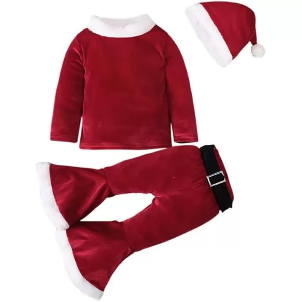 Toddler Kids Baby Girls Christmas Outfits Santa Claus Costume Velvet Long Sleeve Top Bell Bottom Pants Hat Xmas ClothesRed  Hat