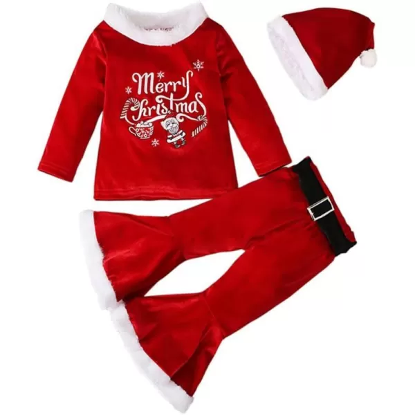 Toddler Kids Baby Girls Christmas Outfits Santa Claus Costume Velvet Long Sleeve Top Bell Bottom Pants Hat Xmas ClothesRed  Hat Letters