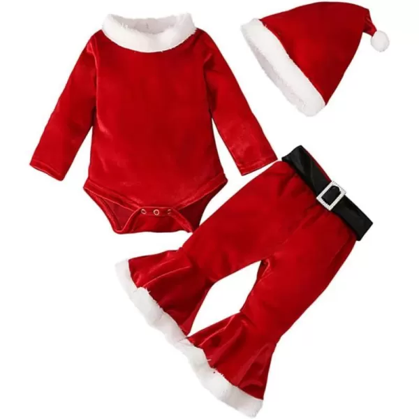 Toddler Kids Baby Girls Christmas Outfits Santa Claus Costume Velvet Long Sleeve Top Bell Bottom Pants Hat Xmas ClothesRed  Hat Romper Set