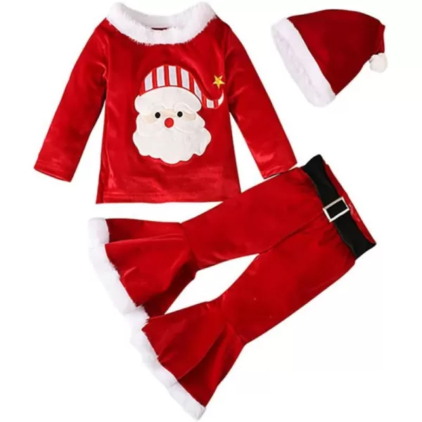 Toddler Kids Baby Girls Christmas Outfits Santa Claus Costume Velvet Long Sleeve Top Bell Bottom Pants Hat Xmas ClothesRed  Hat Santa