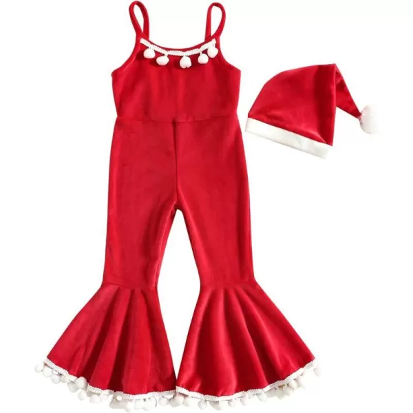 Toddler Kids Baby Girls Christmas Outfits Santa Claus Costume Velvet Long Sleeve Top Bell Bottom Pants Hat Xmas ClothesRed Jumpsuit  Hat