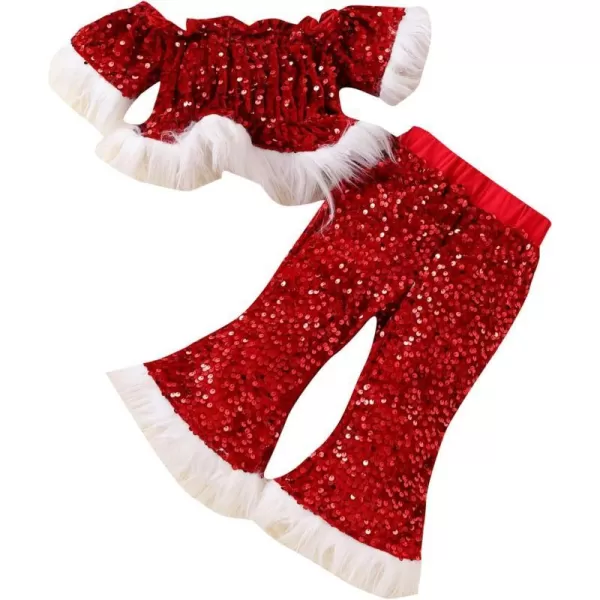 Toddler Kids Baby Girls Christmas Outfits Santa Claus Costume Velvet Long Sleeve Top Bell Bottom Pants Hat Xmas ClothesRed Sequin