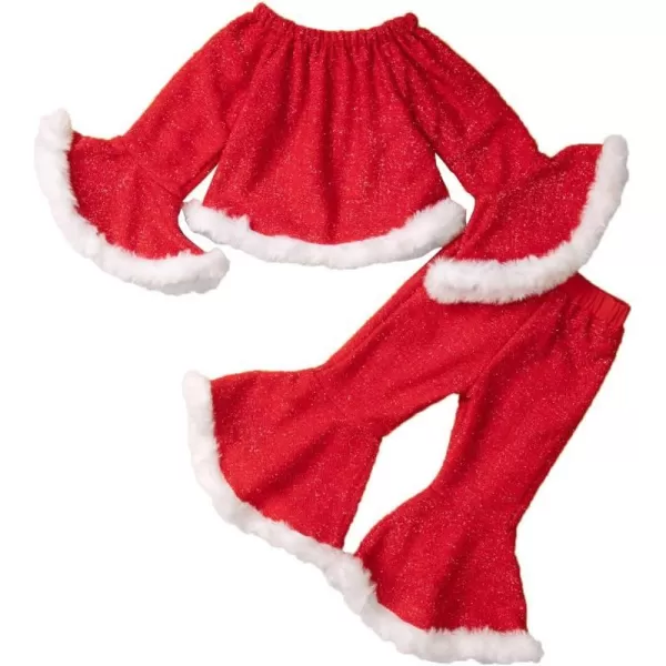 Toddler Kids Baby Girls Christmas Outfits Santa Claus Costume Velvet Long Sleeve Top Bell Bottom Pants Hat Xmas ClothesRed Shiny