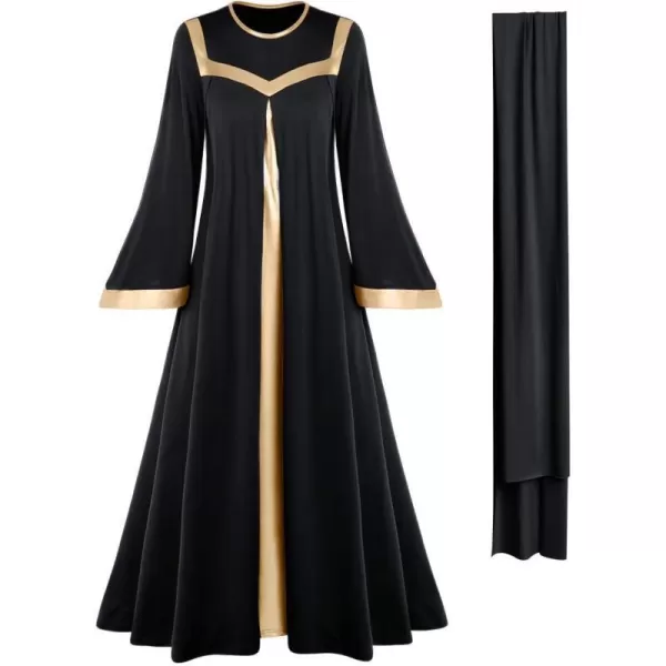 Women Gold Metallic Bell Long Sleeve Praise Dance Dress with Waistband Liturgical Dancewear Church Robe Worship CostumeBlack