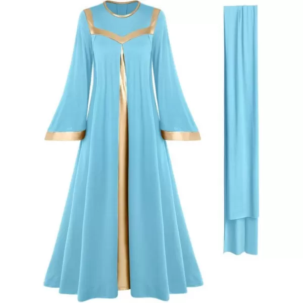 Women Gold Metallic Bell Long Sleeve Praise Dance Dress with Waistband Liturgical Dancewear Church Robe Worship CostumeBlue