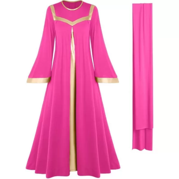 Women Gold Metallic Bell Long Sleeve Praise Dance Dress with Waistband Liturgical Dancewear Church Robe Worship CostumeHot Pink