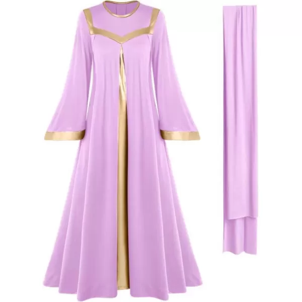 Women Gold Metallic Bell Long Sleeve Praise Dance Dress with Waistband Liturgical Dancewear Church Robe Worship CostumeLight Purple