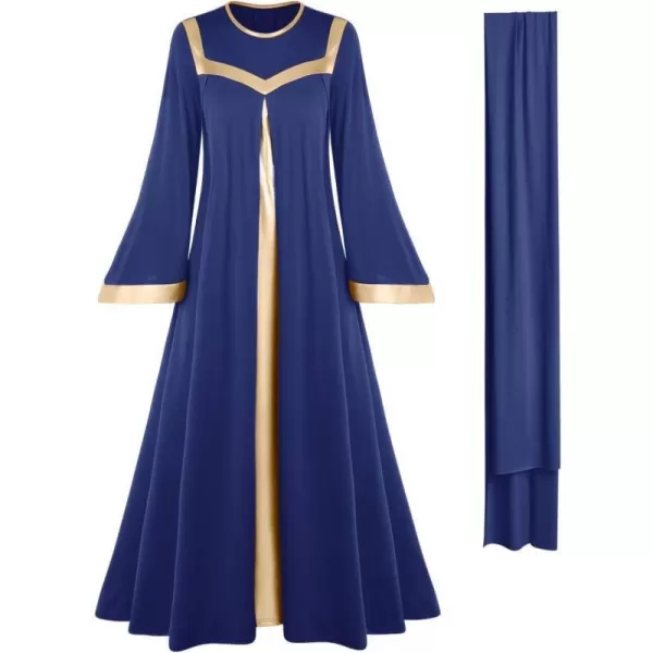 Women Gold Metallic Bell Long Sleeve Praise Dance Dress with Waistband Liturgical Dancewear Church Robe Worship CostumeNavy Blue