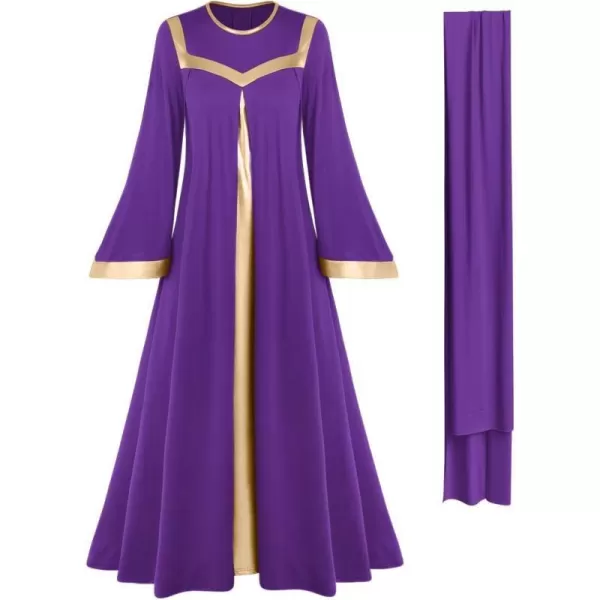 Women Gold Metallic Bell Long Sleeve Praise Dance Dress with Waistband Liturgical Dancewear Church Robe Worship CostumePurple