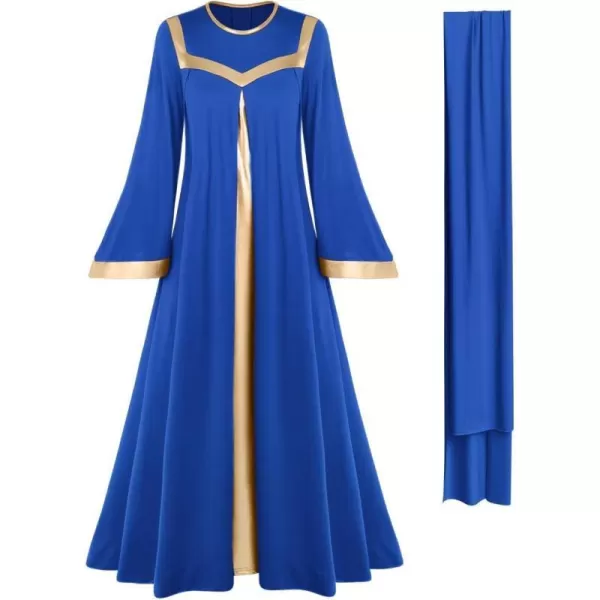 Women Gold Metallic Bell Long Sleeve Praise Dance Dress with Waistband Liturgical Dancewear Church Robe Worship CostumeRoyal Blue