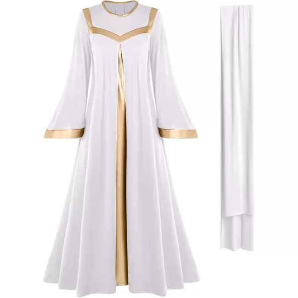 Women Gold Metallic Bell Long Sleeve Praise Dance Dress with Waistband Liturgical Dancewear Church Robe Worship CostumeWhite