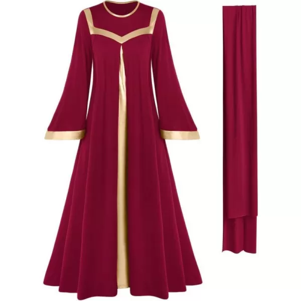 Women Gold Metallic Bell Long Sleeve Praise Dance Dress with Waistband Liturgical Dancewear Church Robe Worship CostumeWine Red