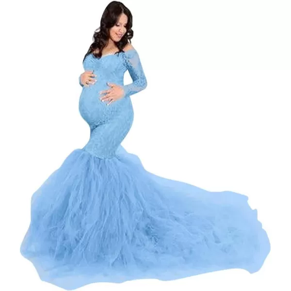 Women Long Sleeve Off Shoulder Lace Maternity Dress for Photography Baby Shower with Mermaid Tulle Gown for PhotoshootBlue