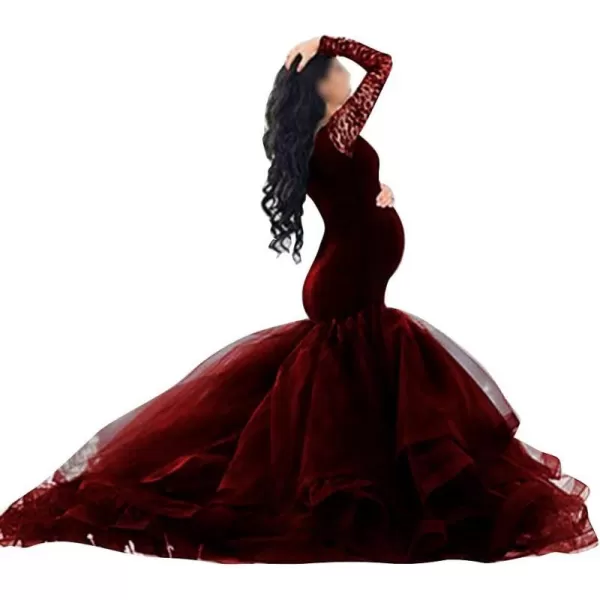 Women Long Sleeve Off Shoulder Lace Maternity Dress for Photography Baby Shower with Mermaid Tulle Gown for PhotoshootWine Red