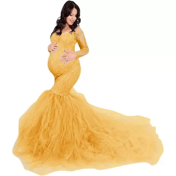 Women Long Sleeve Off Shoulder Lace Maternity Dress for Photography Baby Shower with Mermaid Tulle Gown for PhotoshootYellow