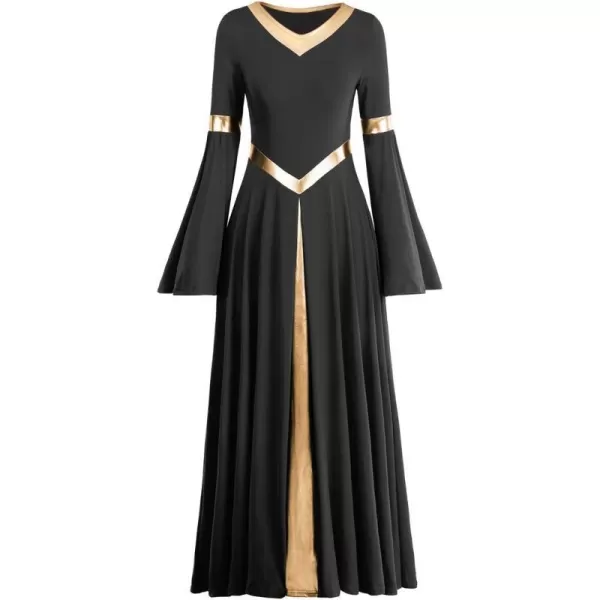 Women Metallic Bell Long Sleeve Praise Dance Dress Loose Fit Full Length Liturgical Lyrical Dancewear Worship CostumeBlack