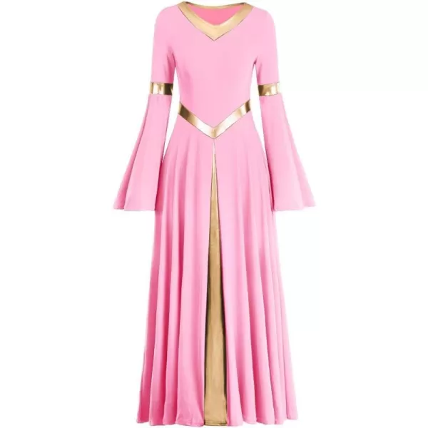 Women Metallic Bell Long Sleeve Praise Dance Dress Loose Fit Full Length Liturgical Lyrical Dancewear Worship CostumePink