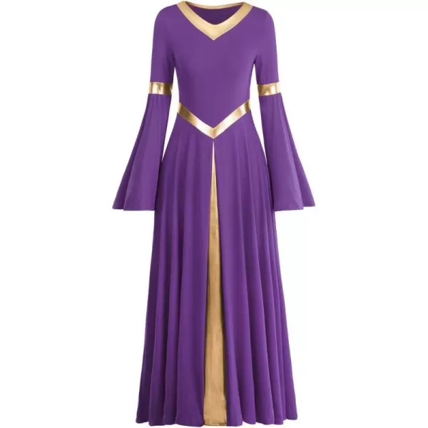 Women Metallic Bell Long Sleeve Praise Dance Dress Loose Fit Full Length Liturgical Lyrical Dancewear Worship CostumePurple