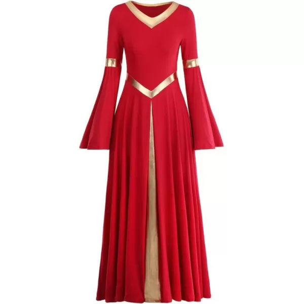 Women Metallic Bell Long Sleeve Praise Dance Dress Loose Fit Full Length Liturgical Lyrical Dancewear Worship CostumeRed