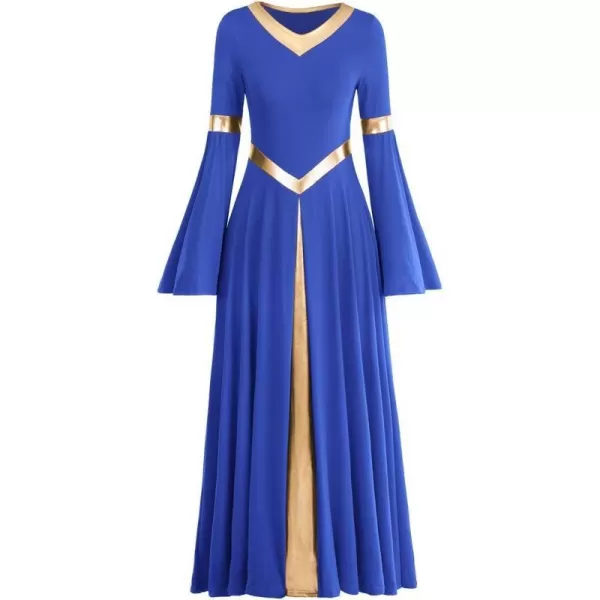 Women Metallic Bell Long Sleeve Praise Dance Dress Loose Fit Full Length Liturgical Lyrical Dancewear Worship CostumeRoyal Blue