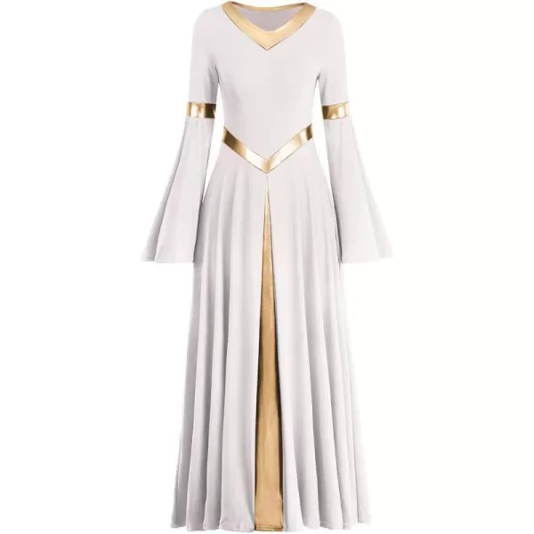 Women Metallic Bell Long Sleeve Praise Dance Dress Loose Fit Full Length Liturgical Lyrical Dancewear Worship CostumeWhite