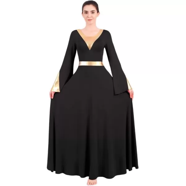 Women Metallic Color Block Liturgical Praise Lyrical Dance Dress Bell Long Sleeve Church Dancewear Gown Worship CostumeBlack