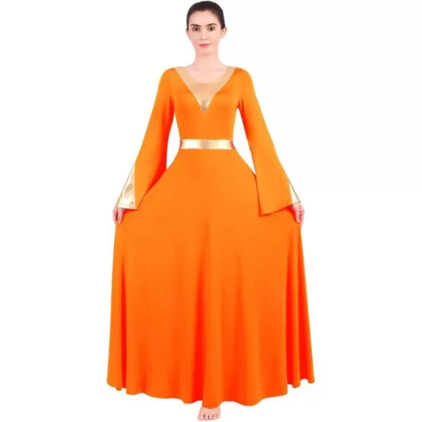 Women Metallic Color Block Liturgical Praise Lyrical Dance Dress Bell Long Sleeve Church Dancewear Gown Worship CostumeOrange