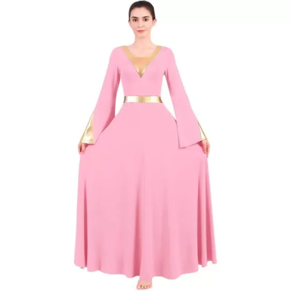 Women Metallic Color Block Liturgical Praise Lyrical Dance Dress Bell Long Sleeve Church Dancewear Gown Worship CostumePink