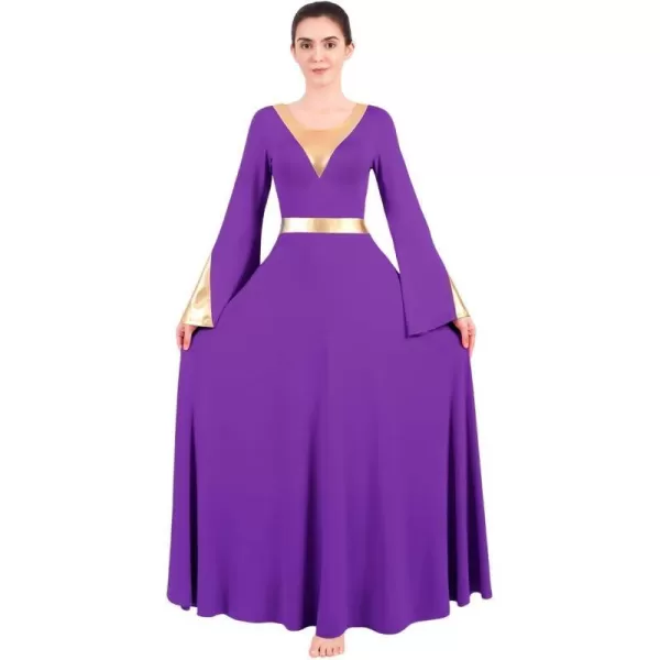 Women Metallic Color Block Liturgical Praise Lyrical Dance Dress Bell Long Sleeve Church Dancewear Gown Worship CostumePurple